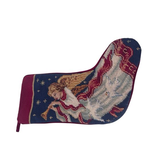 Imperial Elegance Chistmas Stocking Angel Horn Red Blue Wool Needlepoint VTG - Picture 9 of 9